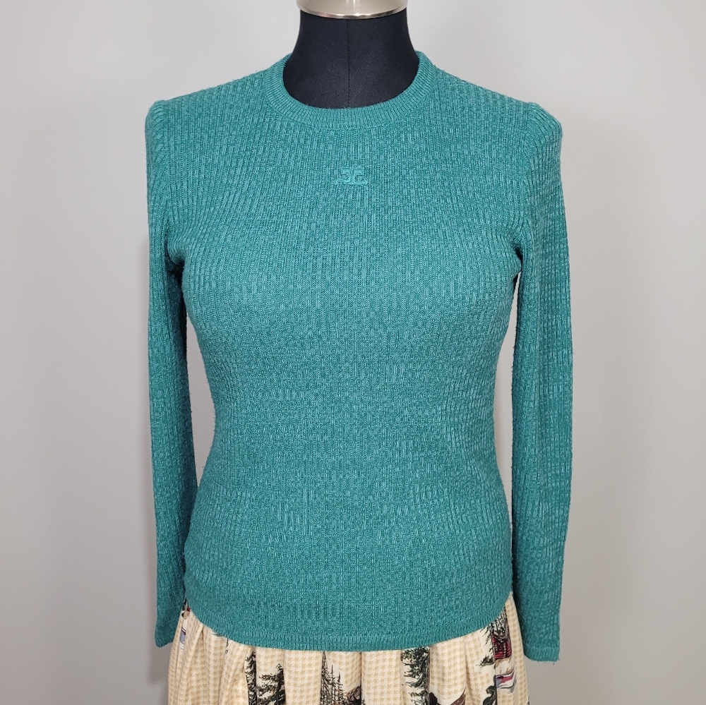 Mod vintage Courrèges Ribbed Sweater Teal Knit 70s 60s Crew Neck Jumper